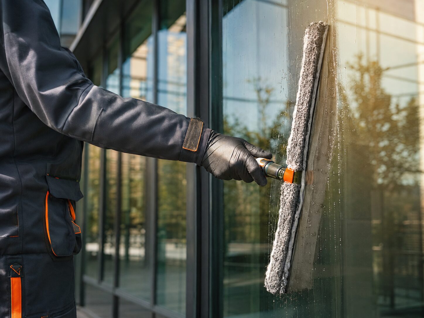 Professionelle Reinigung einer modernen Glasfassade