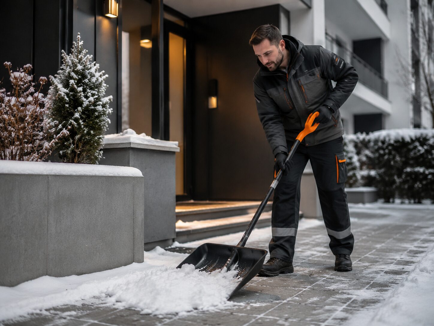 Winterdienst beim Schneeräumen vor einem Gebäude